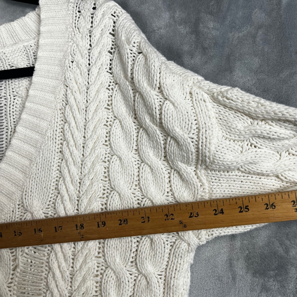 EXPRESS Womens Sweater Cream Cable Knit V Neck Oversized Distressed Medium - Picture 4 of 12